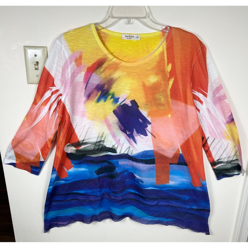 Jess & Jane Abstract Top Womens M Multicolor Art To Wear Chiffon Hem Lagenlook